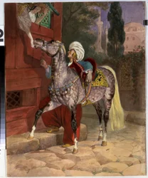 Cita en Constantinopla (actual Estambul, Turquía). Un joven con turbante corteja a una joven que se asoma a la ventana para ofrecer azúcar a su caballo. Al fondo, la basílica y la mezquita de Santa Sofía. Obra de Karl Pavlovich