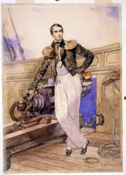 Vladimir Alekseyevich Kornilov 1806-1854) a bordo del bergantín Themistocle. Oficial naval y jefe de estado mayor de la flota del Mar Negro, héroe de la Guerra de Crimea (1853-1856), se encuentra en medio del mar.