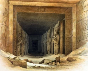 Estatuas gigantes de piedra caliza de Ramsés II (Ramsés - 1304-1237 a.C.). Litografía de Karl Richard Lepsius (1810-1884), egiptólogo prusiano. Cada uno sostiene un báculo y un mayal, símbolos de la realeza".