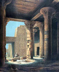Interior del templo de Filae". Litografía de Karl Richard Lepsius (1810-1884), egiptólogo prusiano. Columnas del templo de Isis, diosa principal del antiguo Egipto, hermana y esposa de Osiris.