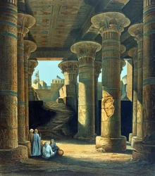 Vista interior de la Sala de los Pilares de Esneh". Litografía de Karl Richard Lepsius (1810-1884), egiptólogo prusiano. Isna Alto Egipto Arqueología Religión Mitología Antiguo Egipto
