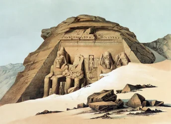 Templo rupestre de Abu Simbel". Litografía de Karl Richard Lepsius (1810-1884), egiptólogo prusiano. Estatuas de Ramsés II en el exterior del templo principal. Arqueología Religión Mitología Antiguo Egipto