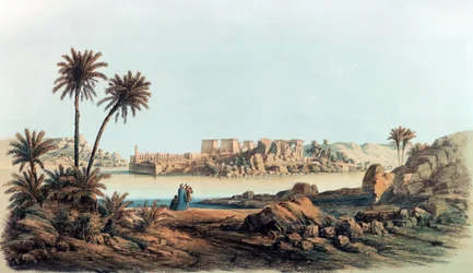 Vista de Filae". Litografía de Karl Richard Lepsius (1810-1884), egiptólogo prusiano. Vista a través del Nilo de los templos de la isla de Philae.