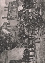 Refugiados de Prusia Oriental regresando a casa, descansando en el mercado (plaza) de Tapiau, ilustración de Hindenburg publicada por Daterlandischer Derlag C U Weller Berlin.