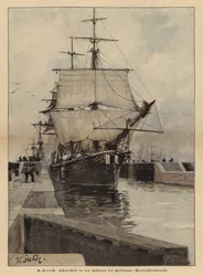 Buque escuela en la esclusa de Holtenau en el Canal de Kiel, Alemania (grabado coloreado)