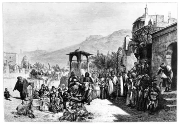 Distribución de dátiles en un cementerio en El Cairo, 1881