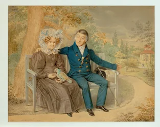Pareja de ancianos en un jardín vienés ... (lápiz y acuarela)
