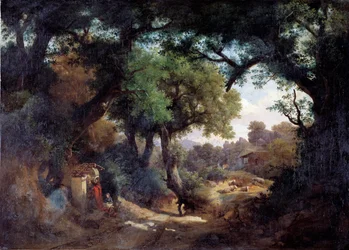 Representación del pintor Andrea del Castagno con pastor en un paisaje