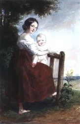 Niña sosteniendo un bebé: Fondo de paisaje