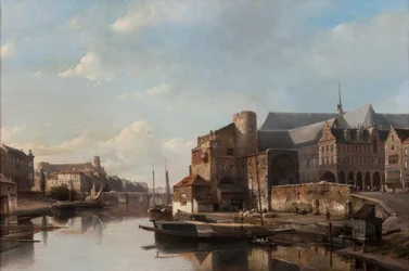 Vista caprichosa de una ciudad holandesa a lo largo de un río