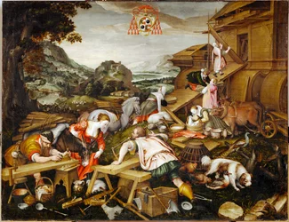 La construcción del Arca de Noé (pintura sobre lienzo)