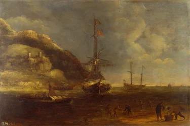 Vista costera con navegación y pescadores en primer plano (óleo en panel)