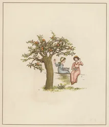 Ilustración de Kate Greenaway para El flautista de Hamelín de Robert Browning (litografia en color)
