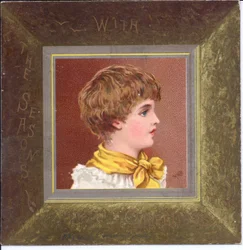 Tarjeta de Año Nuevo victoriana de una niña con ropa de la regencia y un gorro azul, c.1880