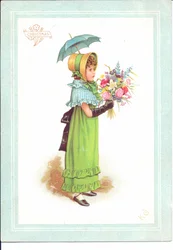 Tarjeta de felicitación victoriana de niños con disfraces elegantes bailando, c.1880