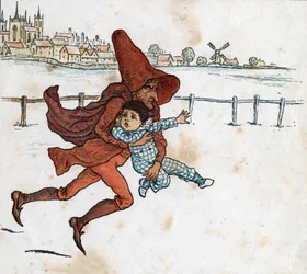 Un duende se lleva a un niño pequeño. Ilustración de Kate Greenaway (1846-1901) del libro infantil "Under The Window" (1879), editado por Edmund Evans.