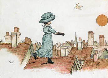 Una niña pequeña caminando por los tejados de una ciudad en la madrugada hacia el sol. Ilustración de Kate Greenaway (1846-1901) del libro de cuentos y rimas infantiles “Under The Window” (1879), editado por Edmund Evans.