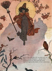 Una bruja y su escoba rodeadas de gatos negros, un murciélago y un búho. (Niños y niñas, ¿queréis venir a montar conmigo en mi escoba?) Ilustración de Kate Greenaway (1846-1901) del libro de cuentos y canciones infantiles para niños «Under The Window»