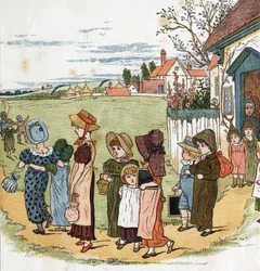 Salida de la escuela. Ilustración de Kate Greenaway (1846-1901) del libro de cuentos y rimas infantiles 