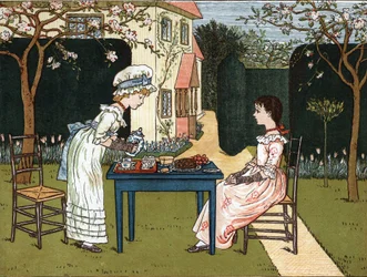 Hora del día: dos niñas degustando en un jardín. Ilustración de Kate Greenaway (1846-1901) del libro de cuentos y rimas infantiles "Under The Window" (1879), editado por Edmund Evans.