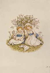 Dos niñas con muñecas sentadas bajo un rosal, siglo XIX