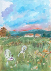 Acuarela: Puesta de sol rosa intenso
