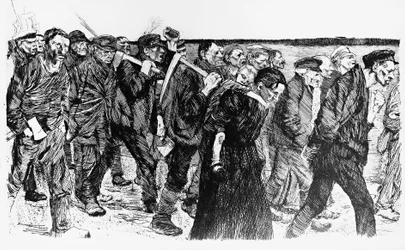 Demostración de trabajadores, ilustración de Käthe Kollwitz para la ópera Die Weber (Los tejedores)
