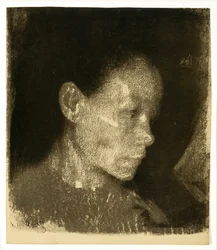 Cabeza de una mujer trabajadora en perfil de tres cuartos hacia la derecha, 1905