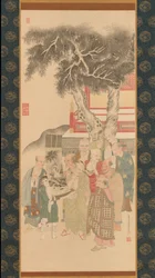 Diez Rakan examinando una pintura de Kannon con túnica blanca