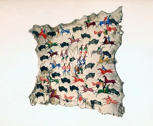 Piel de alce por un indio Shoshone norteamericano, mostrando caza de búfalos