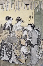 Cortesana Nishikido de la casa de té Chojiya rodeada por sus damas, finales del siglo XVIII, impresión de arte ukiyo-e, por Katsukawa Shuncho, oban-tate-e xilografía, civilización japonesa, (detalle)