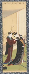 Interior: una mujer ayudando a una niña a vestirse, período Edo, 1726-1792