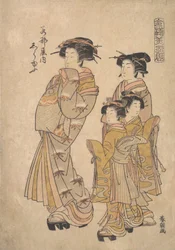 La Oiran Shirayu de Wakanaya atendida por dos Kamuro y Shinzo, ca. 1778