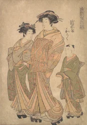 La Oiran Wakoku de Echizen-ya atendida por una Shinzo y una Kamuro, ca. 1778
