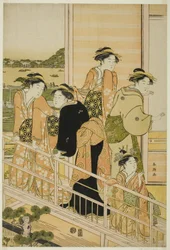 Mujeres en un balcón de una casa de té en Yoshiwara