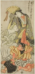 El actor Ichikawa Komazô III como Nyosan no Miya (La tercera princesa), Ukare Zatô (Un artista callejero ciego) y Sakata no Kaidô-maru en el "Festival de verano ampliado" ("Zôho natsu matsuri").