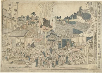 Vista del festival en el santuario Myojin en Kanda Kanda Myojin sairei no zu (título sobre objeto) Nuevos números de estampas en perspectiva Shinpan uki-e (título de la serie en el objeto)