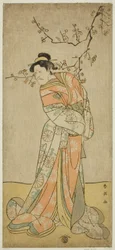El actor Ichikawa Ebizo (Danjuro V) como la dama de compañía Iwafuji en la obra Gozen-gakari Sumo Soga, representada en el Teatro Kawarazaki en el primer mes de 1793 ()