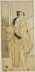 El actor Ichikawa Monnosuke II como Hiranoya Tokubei () en la obra Waka Murasaki Edokko Soga (), representada en el Teatro Ichimura () en el tercer mes de 1792 ()