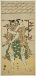 El actor Ichikawa Omezo I como el barquero Takihei () en la obra Ofunamori Ebi no Kaomise (), representada en el Teatro Kawarazaki () en el undécimo mes de 1792 ()