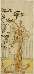 El actor Iwai Hanshiro IV como Okumi de la tienda de abanicos Mieido () en la obra Sanjuk-koku Yobune no Hajimari (), representada en el Teatro Ichimura () en el quinto mes de 1789 ()