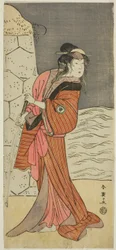 El actor Iwai Hanshiro IV como Yaegushi no Oroku () en la obra Keisei Kogane no Hakarime (), representada en el Teatro Kawarazaki () en el tercer mes de 1792 ()