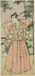 El actor Matsumoto Koshiro IV como Hatakeyama Shigetada disfrazado de Honjo Soheiji () en la obra Edo no Fuji Wakayagi Soga (), representada en el Teatro Nakamura () en el primer mes de 1789 ()