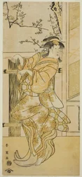 El actor Segawa Kikunojo III como Kojoro-gitsune (Zorro hembra) disfrazado de Omiki en la obra Komachi-mura Shibai no Shogatsu, representada en el Teatro Nakamura en el undécimo mes de 1789.
