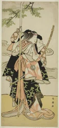 El actor Segawa Kikunojo III como Lady Tomoe (Tomoe Gozen) en la obra Yasa Gumbai Miyako no Jindori, representada en el Teatro Miyako en el undécimo mes, c.1793 (xilografía en color; hosoban)