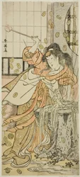 El actor Segawa Kikunojo III como la Doncella Dragón disfrazada de Osaku en la obra Sayo no Nakayama Hiiki no Tsurigane, representada en el Teatro Nakamura en el undécimo mes de 1790.