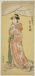 El actor Yamashita Kinsaku II como la doncella Tsumagi en la obra "Otokyama O-Edo no Ishizue", representada en el Teatro Kiri en el undécimo mes de 1794.