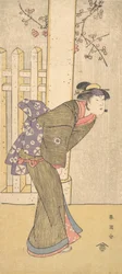 El cuarto Iwai Hanshiro como una mujer bajo un torii