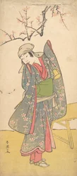 El cuarto Iwai Hanshiro como una niña de pie junto a un banco de madera, ca. 1790
