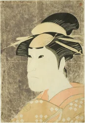 El actor Sanogawa Ichimatsu III como la prostituta Onayo de Gion en la obra "Hana-ayame Bunroku Soga", representada en el Teatro Miyako en el quinto mes de 1794.